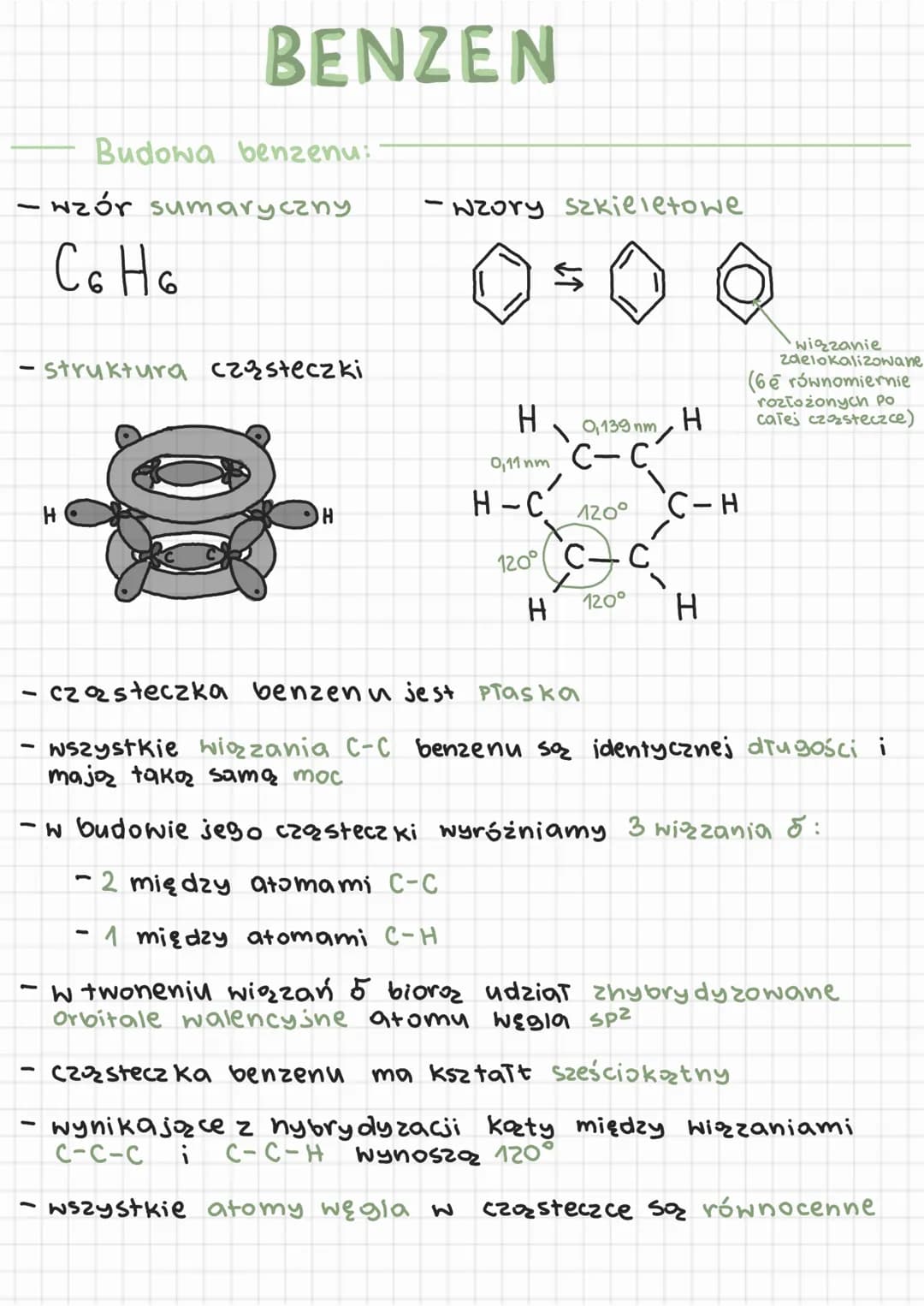 BENZEN
-wzór sumaryczny
C G H 6
Budowa benzenu:
- struktura cząsteczki
H
-
H
wzory szkieletowe
- 2 między atomami C-C
1 między atomami C-H
↓