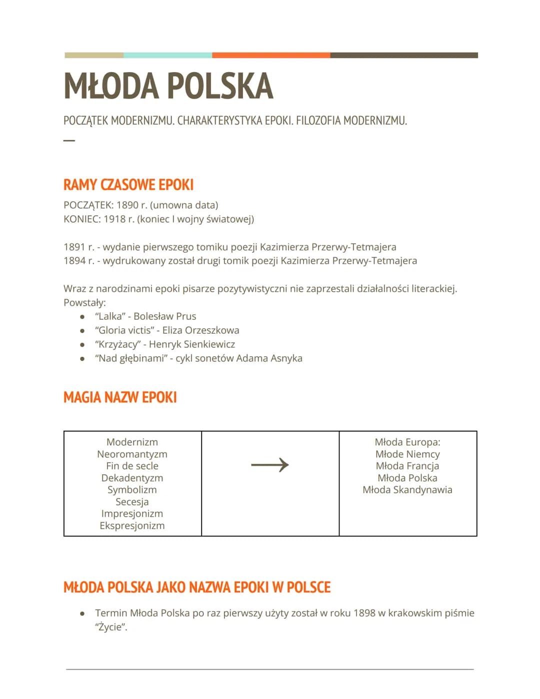 MŁODA POLSKA
POCZĄTEK MODERNIZMU. CHARAKTERYSTYKA EPOKI. FILOZOFIA MODERNIZMU.
RAMY CZASOWE EPOKI
POCZĄTEK: 1890 r. (umowna data)
KONIEC: 19