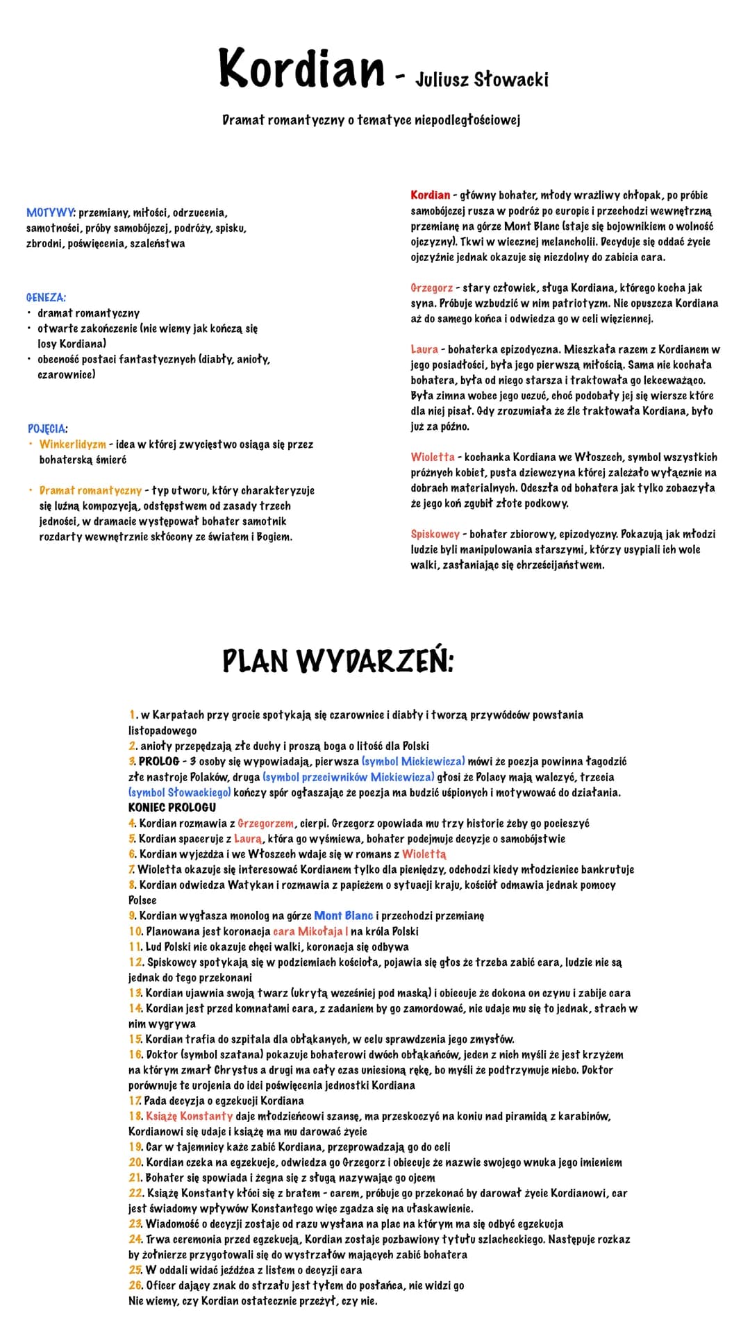 Kordian - J
Dramat romantyczny o tematyce niepodległościowej
MOTYWY: przemiany, miłości, odrzucenia,
samotności, próby samobójczej, podróży,