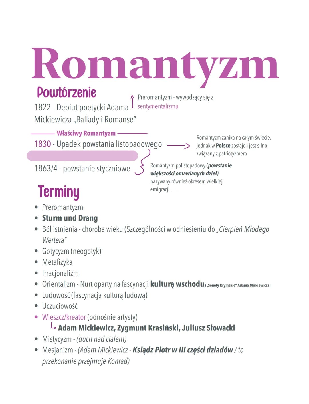 Romantyzm
Powtórzenie
1822 - Debiut poetycki Adama sentymentalizmu
Mickiewicza „Ballady i Romanse"
- Właściwy Romantyzm
1830-Upadek powstani