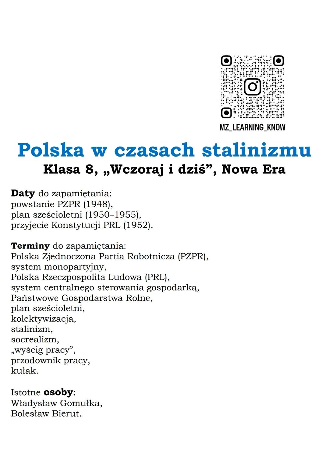 MZ_LEARNING_KNOW

# Polska w czasach stalinizmu
## Klasa 8, „Wczoraj i dziś", Nowa Era

**Daty do zapamiętania:**
powstanie PZPR (1948),
pla