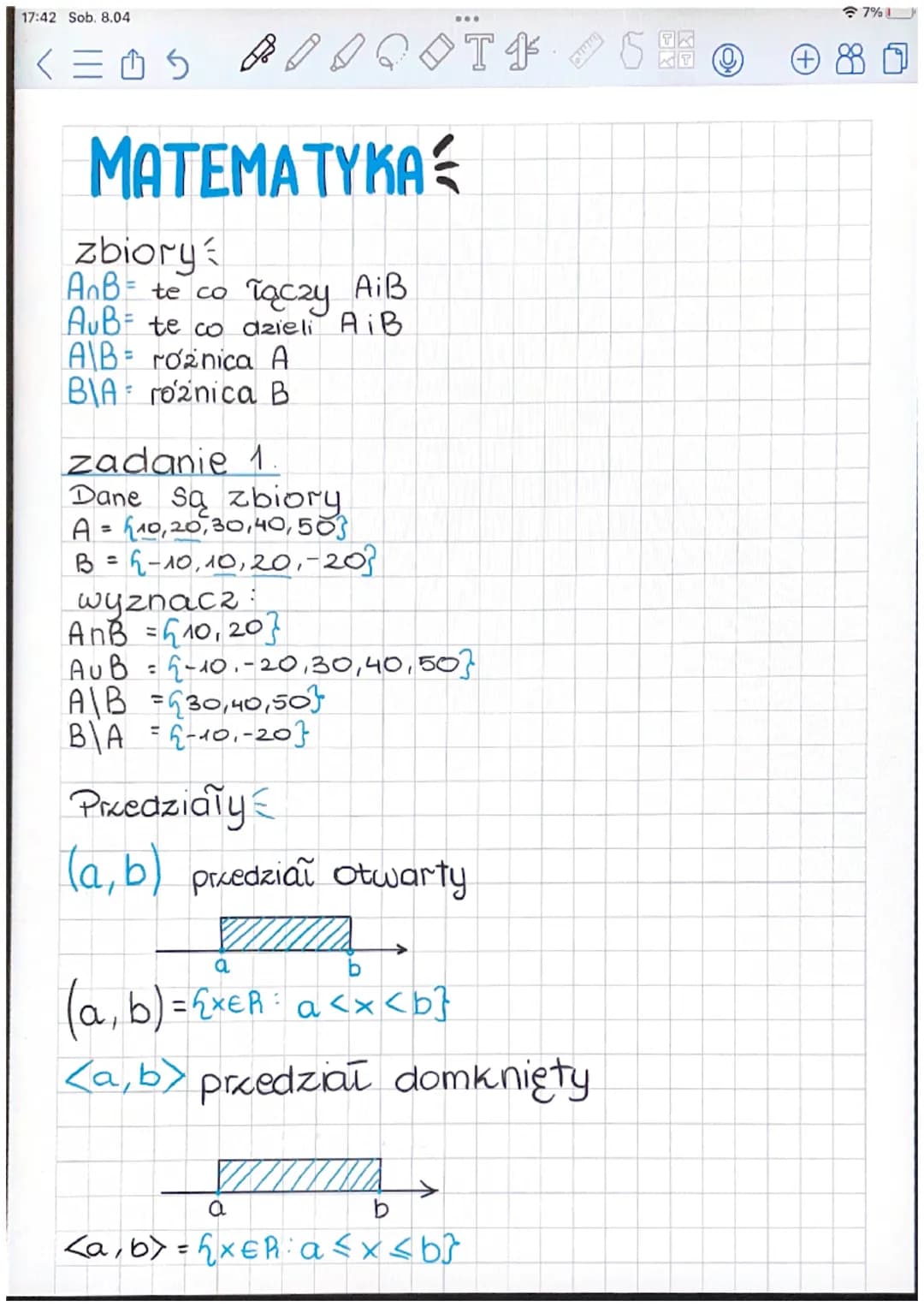 17:42 Sob. 8.04
く三凸台
MATEMATYKA
zbiory
AnB = te co Taczy AiB
AUB te co dzieli AiB
A\B= roznica A
BIA roznica B
zadanie 1
Dane są zbiory
A = 