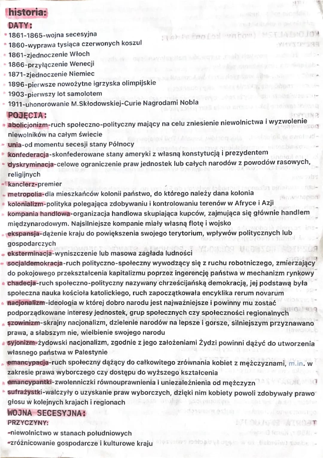 --- OCR Start ---
historia:
DATY:
1861-1865-wojna secesyjna
1860-wyprawa tysiąca czerwonych koszul
1861-zjednoczenie Włoch
1866-przyłączenie