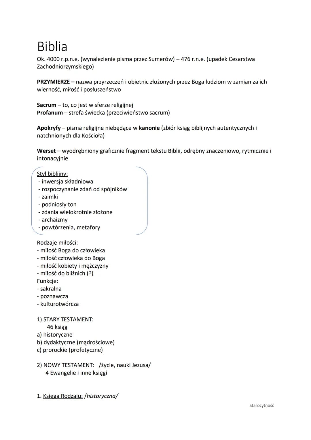 Biblia
Ok. 4000 r.p.n.e. (wynalezienie pisma przez Sumerów) - 476 r.n.e. (upadek Cesarstwa
Zachodniorzymskiego)
PRZYMIERZE - nazwa przyrzecz
