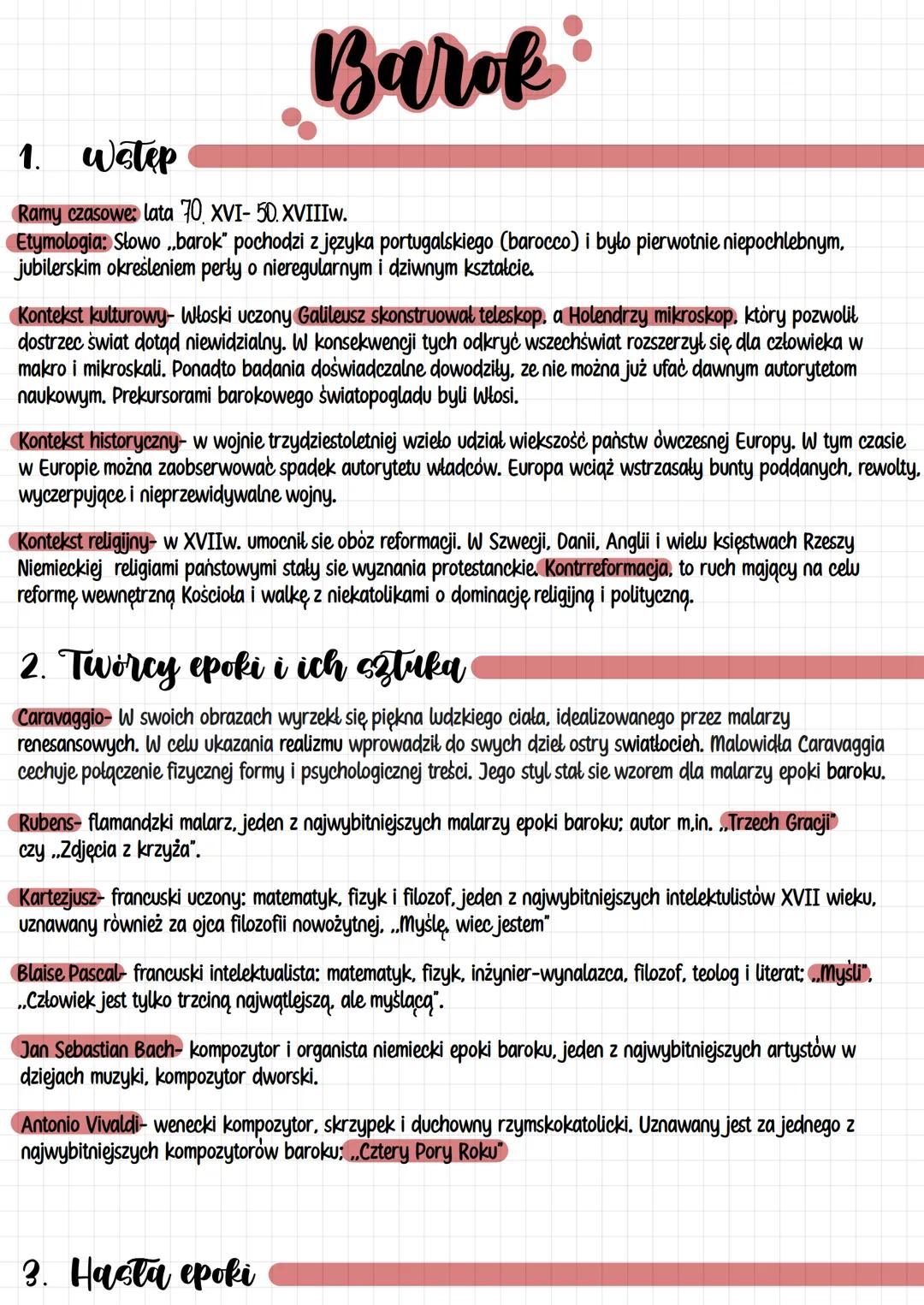 Barok
1. Wstep
Ramy czasowe: lata 70 XVI- 50. XVIIIw.
Etymologia: Słowo barok" pochodzi z języka portugalskiego (barocco) i było pierwotnie 