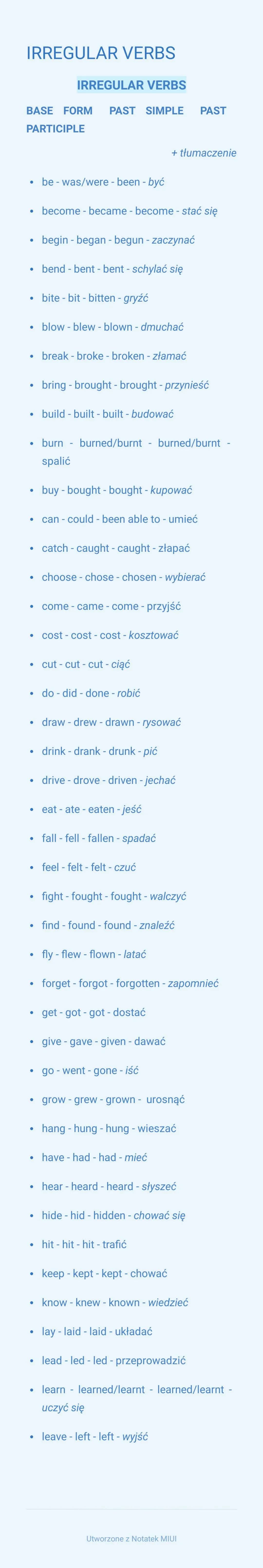 IRREGULAR VERBS
IRREGULAR VERBS
BASE FORM PAST SIMPLE PAST
PARTICIPLE
●
●
begin - began - begun - zaczynać
• bend - bent - bent - schylać si
