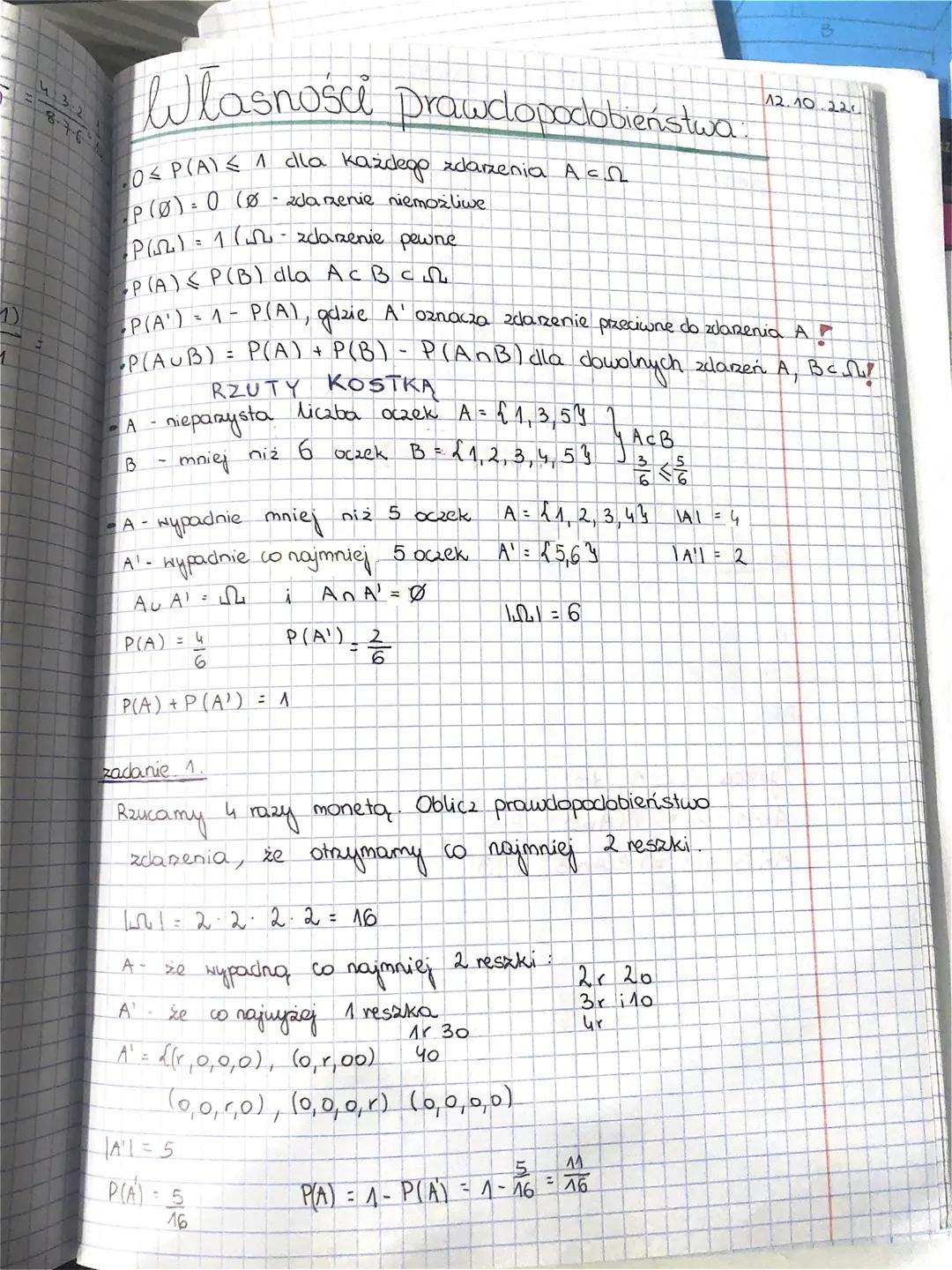 # Własności prawdopodobieństwa.

$0≤P(A)≤ 1$ dla każdego zdarzenia $A⊂Ω$

$P(Ø) = 0$ (Ø - zdarzenie niemożliwe

$P(Ω) = 1$ (Ω - zdarzenie pe