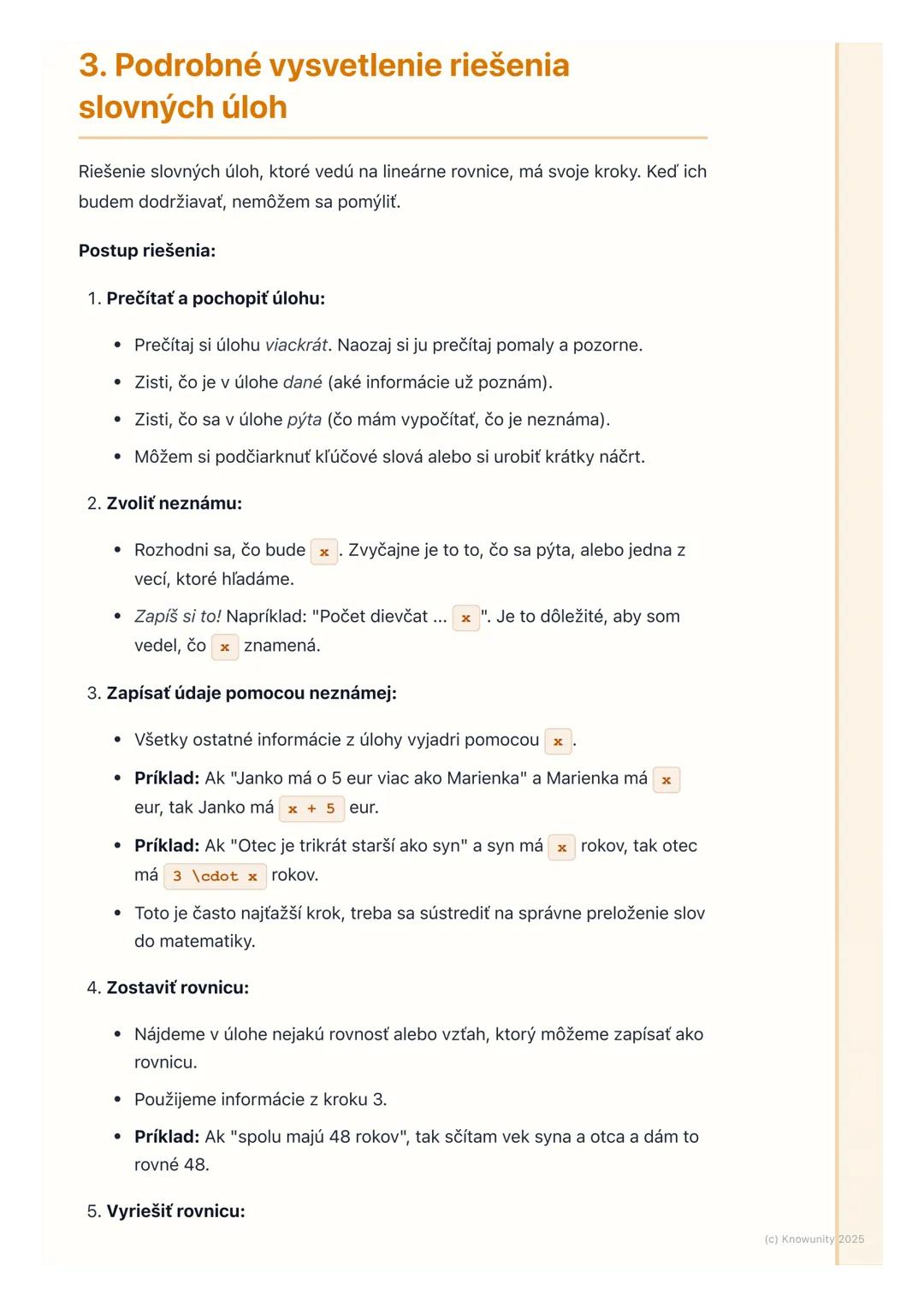 # Slovné úlohy vedúce na
lineárne rovnice

1. Prehľad slovných úloh

Slovné úlohy sú vlastne príklady z reálneho života, ktoré sú opísané sl