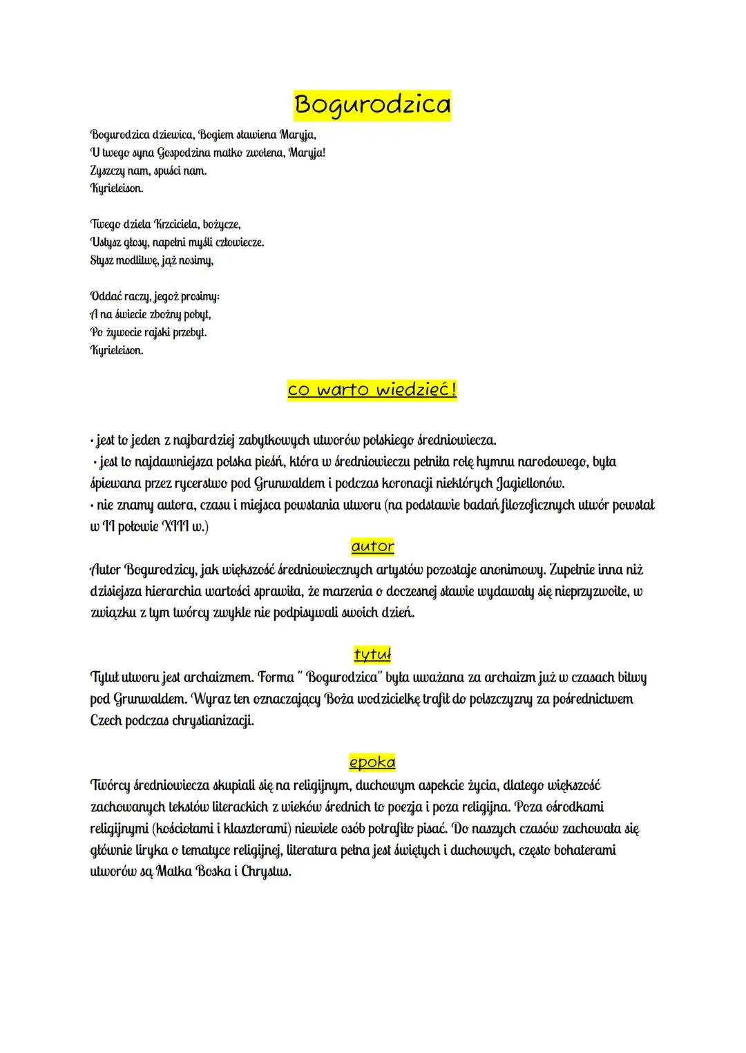 # Bogurodzica

Bogurodzica dziewica, Bogiem stawiena Maryja,
U twego syna Gospodzina matko zwolena, Maryja!
Zyszczy nam, spuści nam.
Kyriele