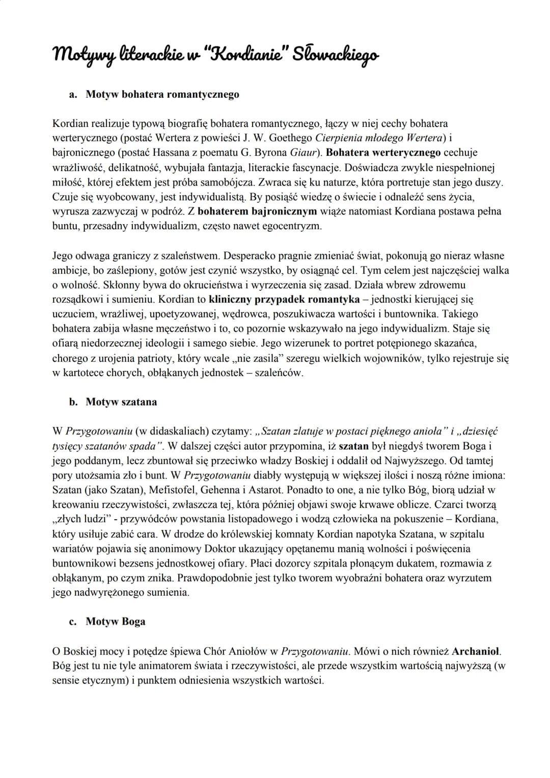 motywy literackie w "Kordianie" Słowackiego
a. Motyw bohatera romantycznego
Kordian realizuje typową biografię bohatera romantycznego, łączy