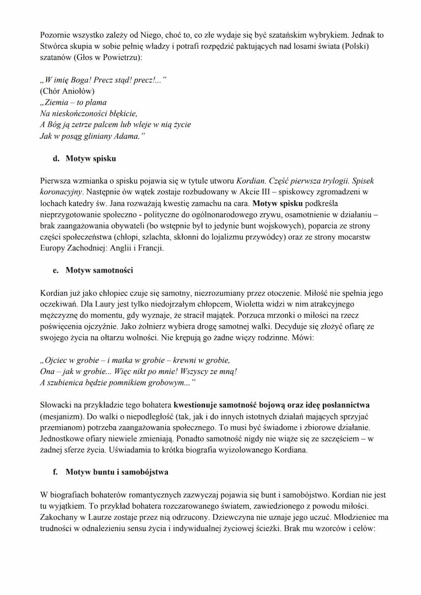 motywy literackie w "Kordianie" Słowackiego
a. Motyw bohatera romantycznego
Kordian realizuje typową biografię bohatera romantycznego, łączy