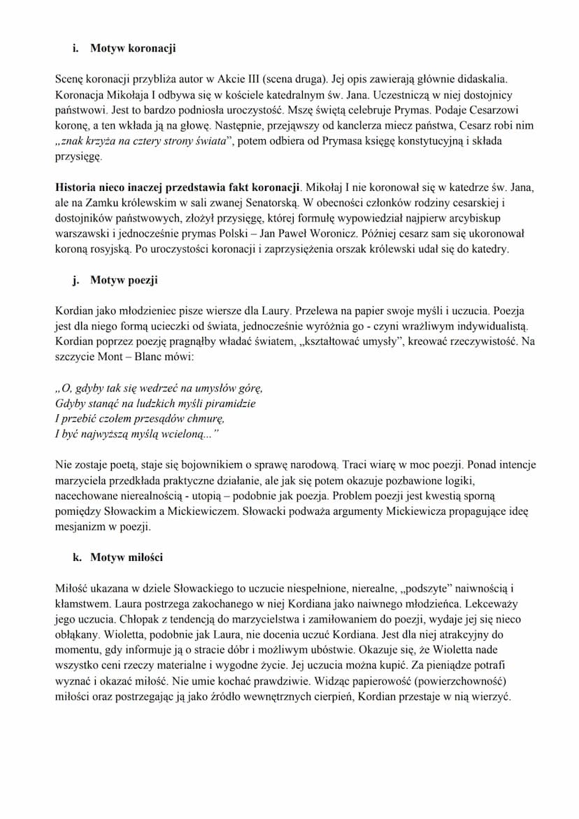 motywy literackie w "Kordianie" Słowackiego
a. Motyw bohatera romantycznego
Kordian realizuje typową biografię bohatera romantycznego, łączy