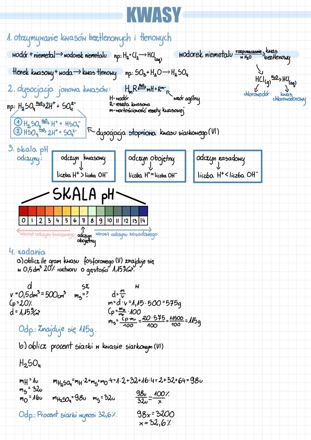 KWASY
1. otrzymywanie kwasów beztlenowych i Henowych.
(aq)
wodór + niemetal→ wodorek niemetalu np.: H₂ + Cl₂ => HCl ca
kwasowy + woda →→ kwa