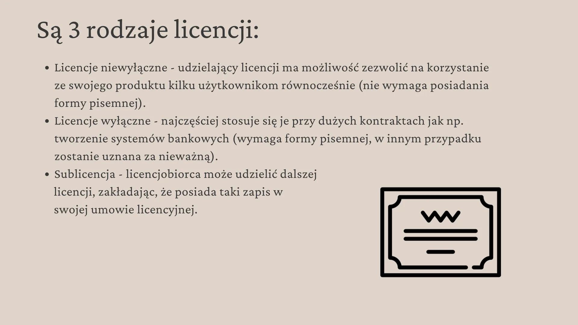 Licencje na
oprogramowanie Co to licencja oprogramowania?
Licencja oprogramowania jest to umowa pomiędzy
autorem lub wydawcą a użytkownikiem