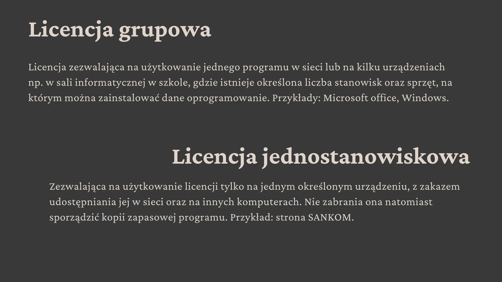 Licencje na
oprogramowanie Co to licencja oprogramowania?
Licencja oprogramowania jest to umowa pomiędzy
autorem lub wydawcą a użytkownikiem