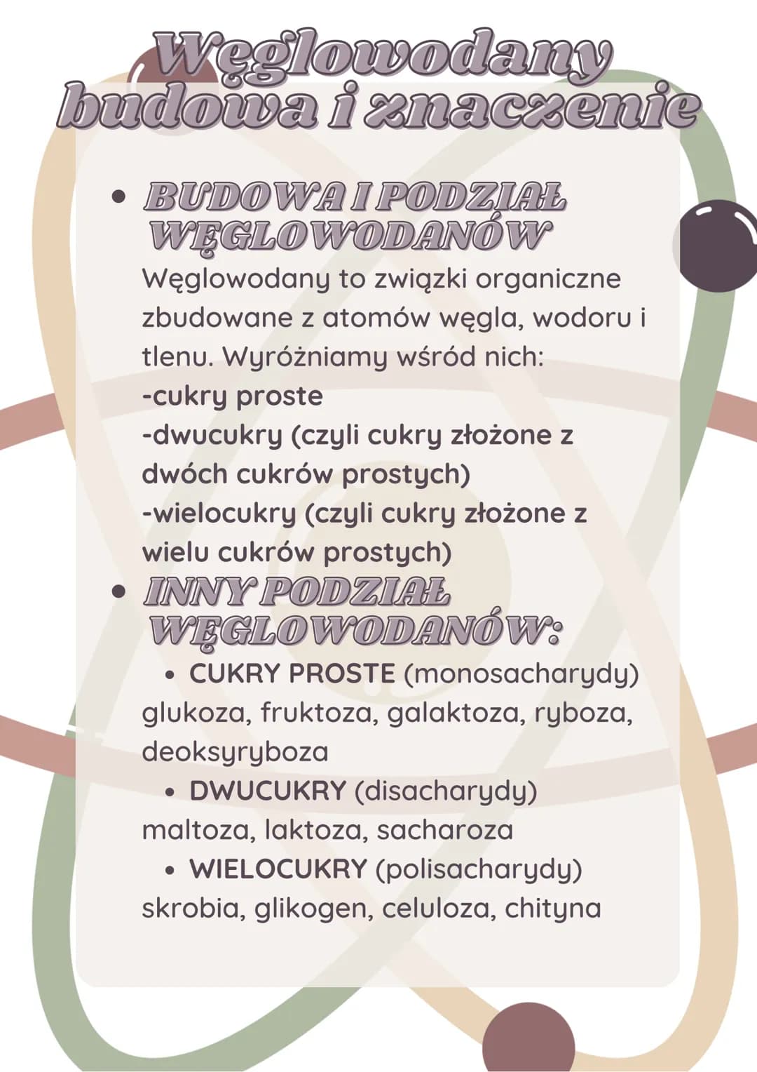 Weglowodany
budowa i znaczenie
• BUDOWA I PODZIAŁ
WĘGLOWODANÓW
Węglowodany to związki organiczne
zbudowane z atomów węgla, wodoru i
tlenu. W