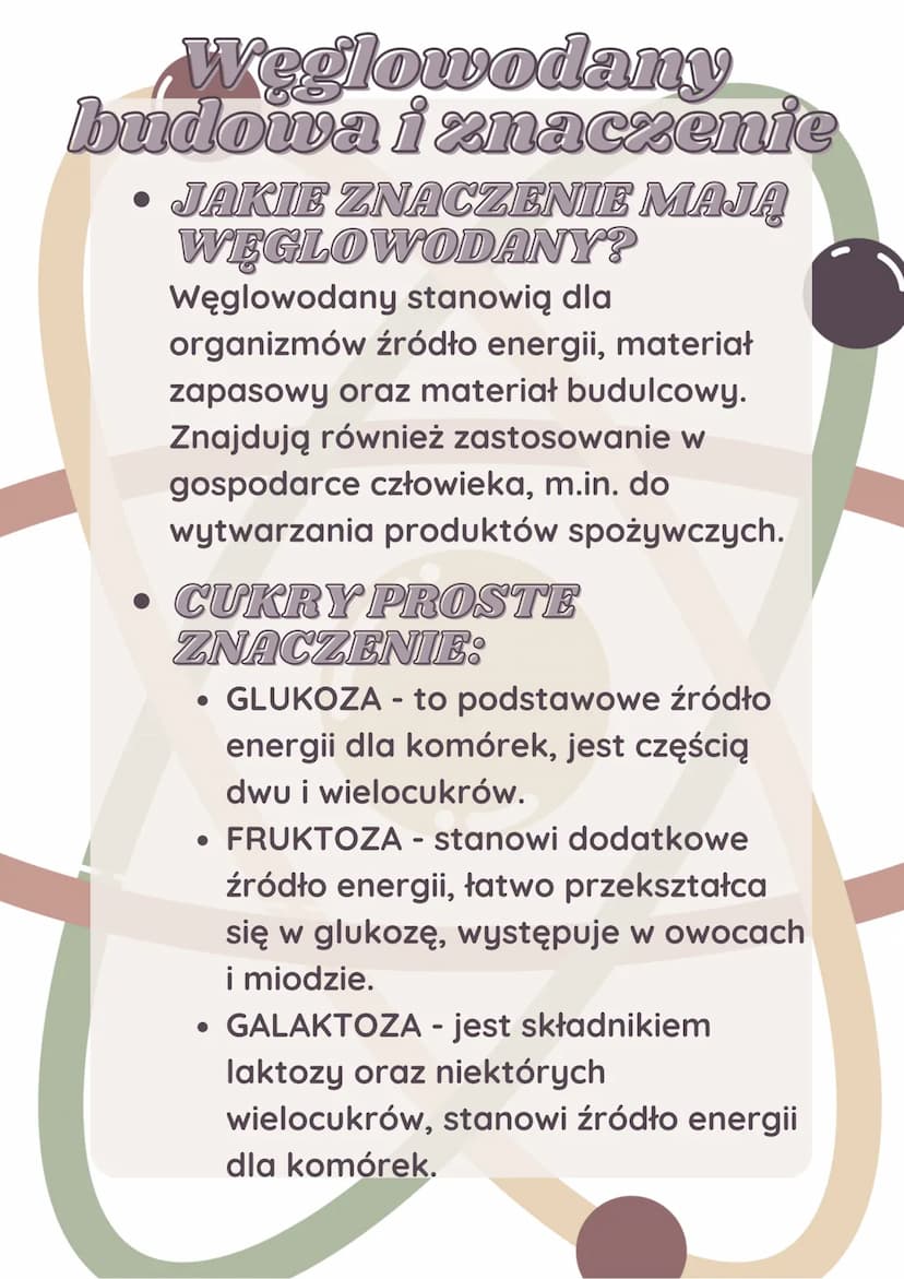 Weglowodany
budowa i znaczenie
• BUDOWA I PODZIAŁ
WĘGLOWODANÓW
Węglowodany to związki organiczne
zbudowane z atomów węgla, wodoru i
tlenu. W