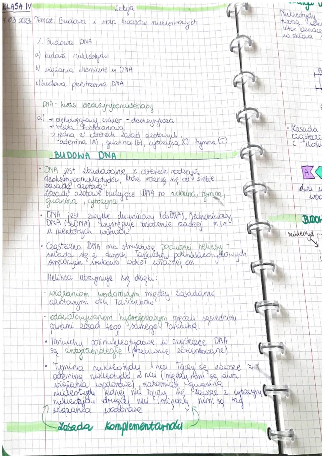KLASA IV
Lekya
#03 2023 Temat: Budowa woda kwasow nukleinowych

1. Budowa DNA
a) budowa nukleotydu
b) wiązania chemiczne w ONA
gu
c) budowa 