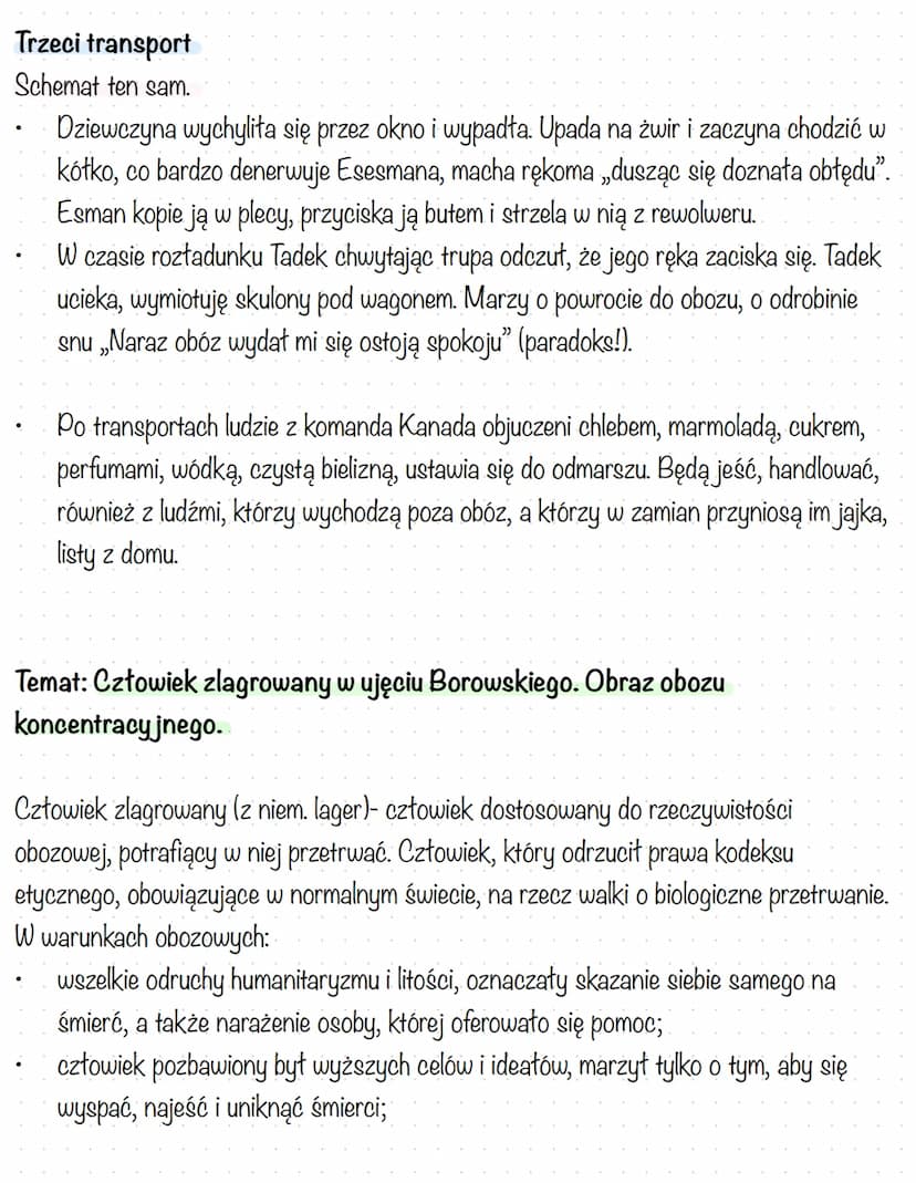 Temat: Realia obozowe w opowieści „Proszę państwa do gazu"
wykształcony, poeta, wie czym.
jest miłość
Tadek
wojna
zmuszony jest zmienić hier