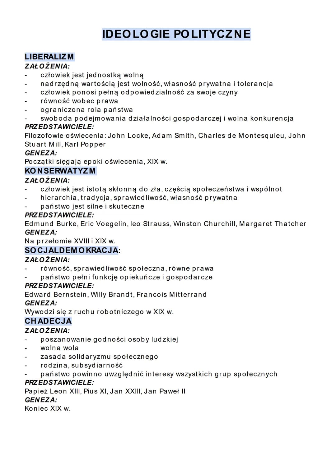 LIBERALIZM
ZAŁOŻENIA:
człowiek jest jednostką wolną
nadrzędną wartością jest wolność, własność prywatna i tolerancja
człowiek ponosi pełną o