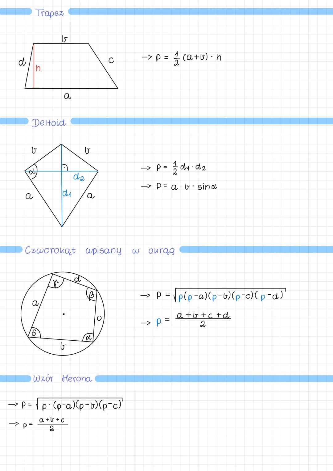 d
G
Czworokąt
a
d
a
d₁
Kwadrat
a
h
a
Bomb
a
Równoległobok
du
POLA CZWOROKĄTÓW
a
a
du
da
a
da
a
i Prostokąt
-> p =a²
-> p = 1/2d²
-> d = a√2
