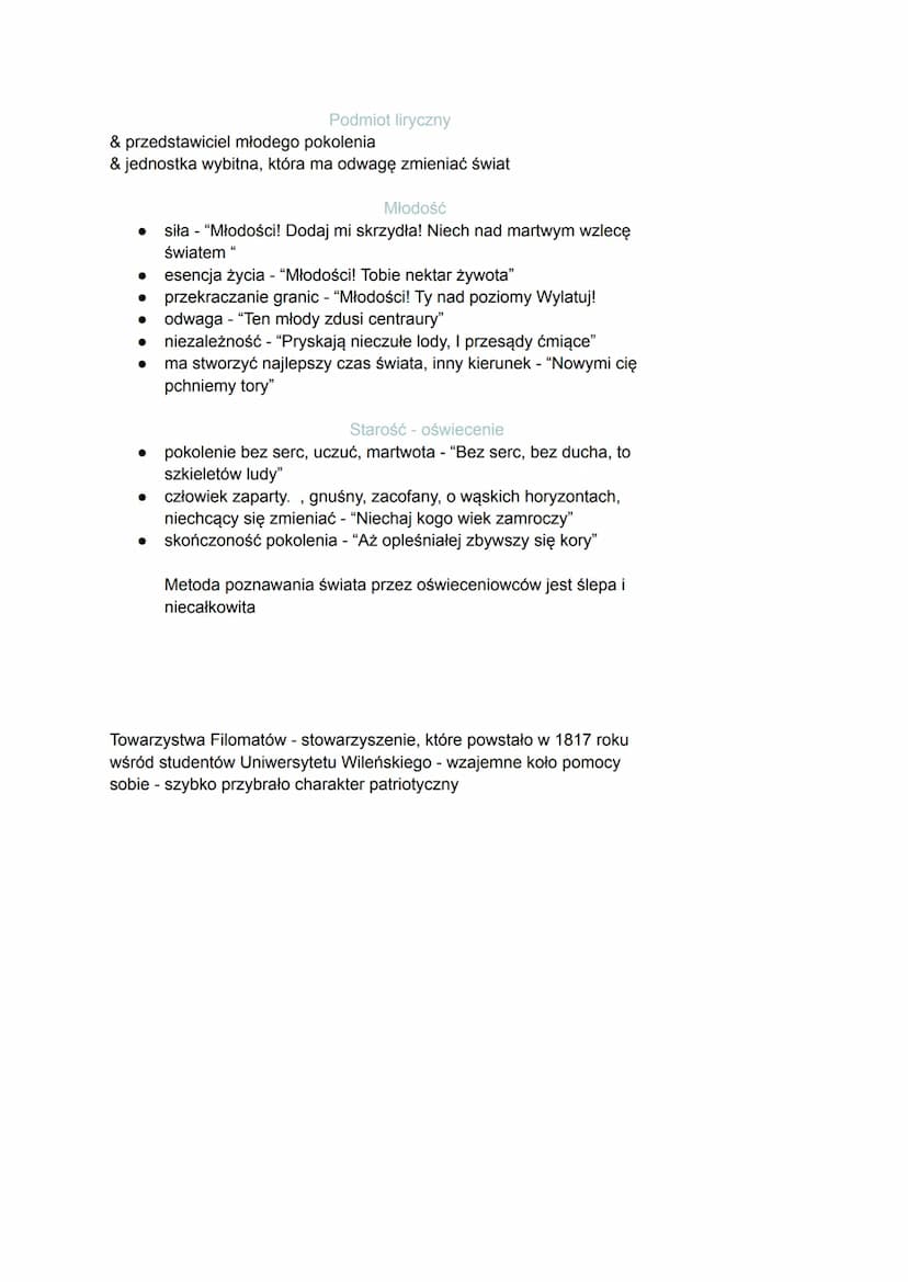 Oda do młodości
manifest romantyczny - wygłoszony pogląd, który popiera duża grupa
ludzi
Geneza
1820 rok, została napisana dla Towarzystwa F