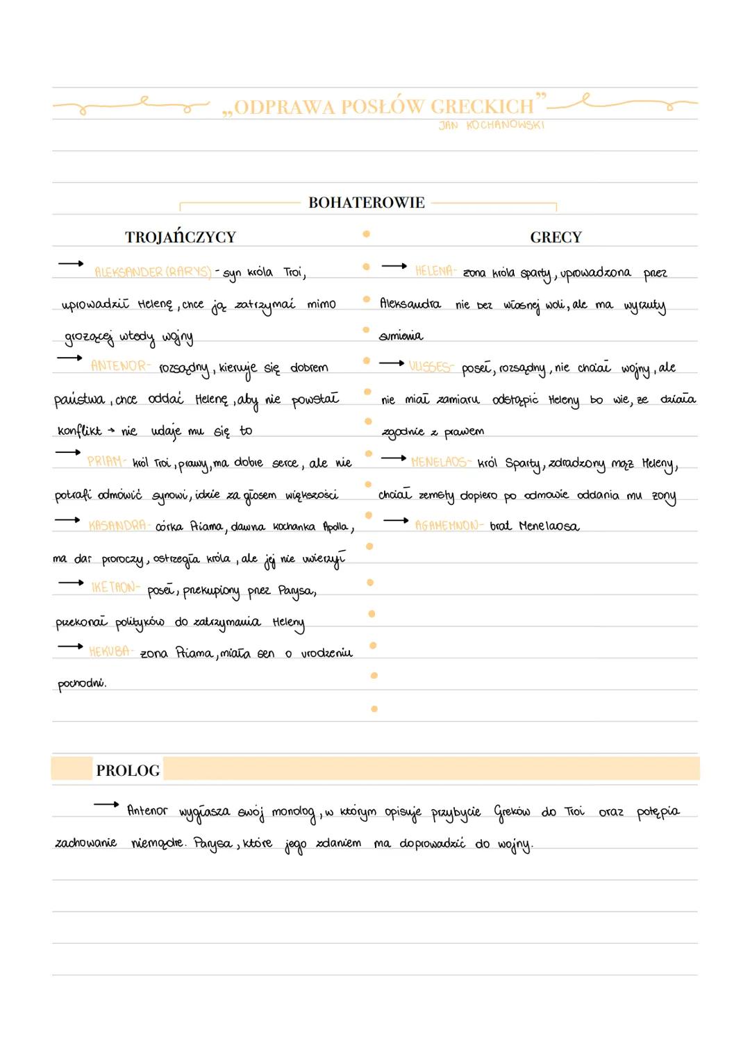 e
४
„ODPRAWA POSŁÓW GRECKICH“-
JAN KOCHANOWSKI

BOHATEROWIE

TROJAŃCZYCY

→ ALEKSANDER (RARYS)-syn króla Troi,
uprowadzić Helenę, once ją za