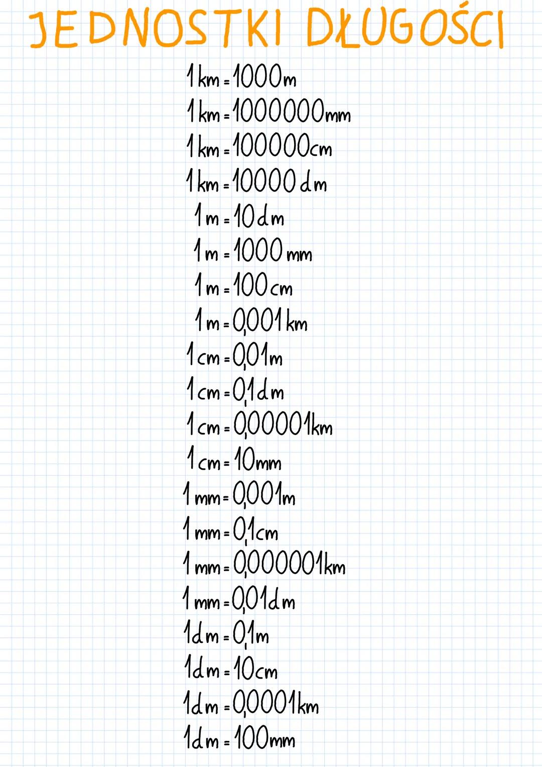 JEDNOSTKI DŁUGOŚCI
1km=1000m
1km=1000000mm
1km=100000cm
1 km = 10000 dm
1m=10dm
1 m = 1000 mm
1 m = 100cm
1m=0,001 km
1cm=0,01m
1cm=0,1dm
1c