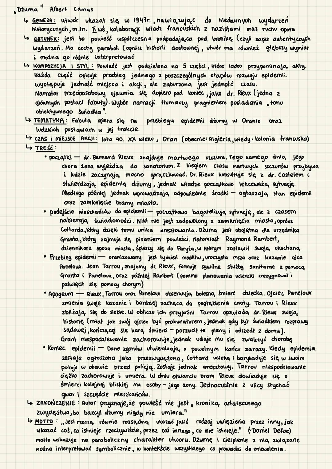 11
Dżuma Albert Camus
↳ GENEZA: utwor ukazał się w 1947 r., nawiązując do niedawnych wydarzeń
historycznych, m.in. I wś, kolaboracji władz f