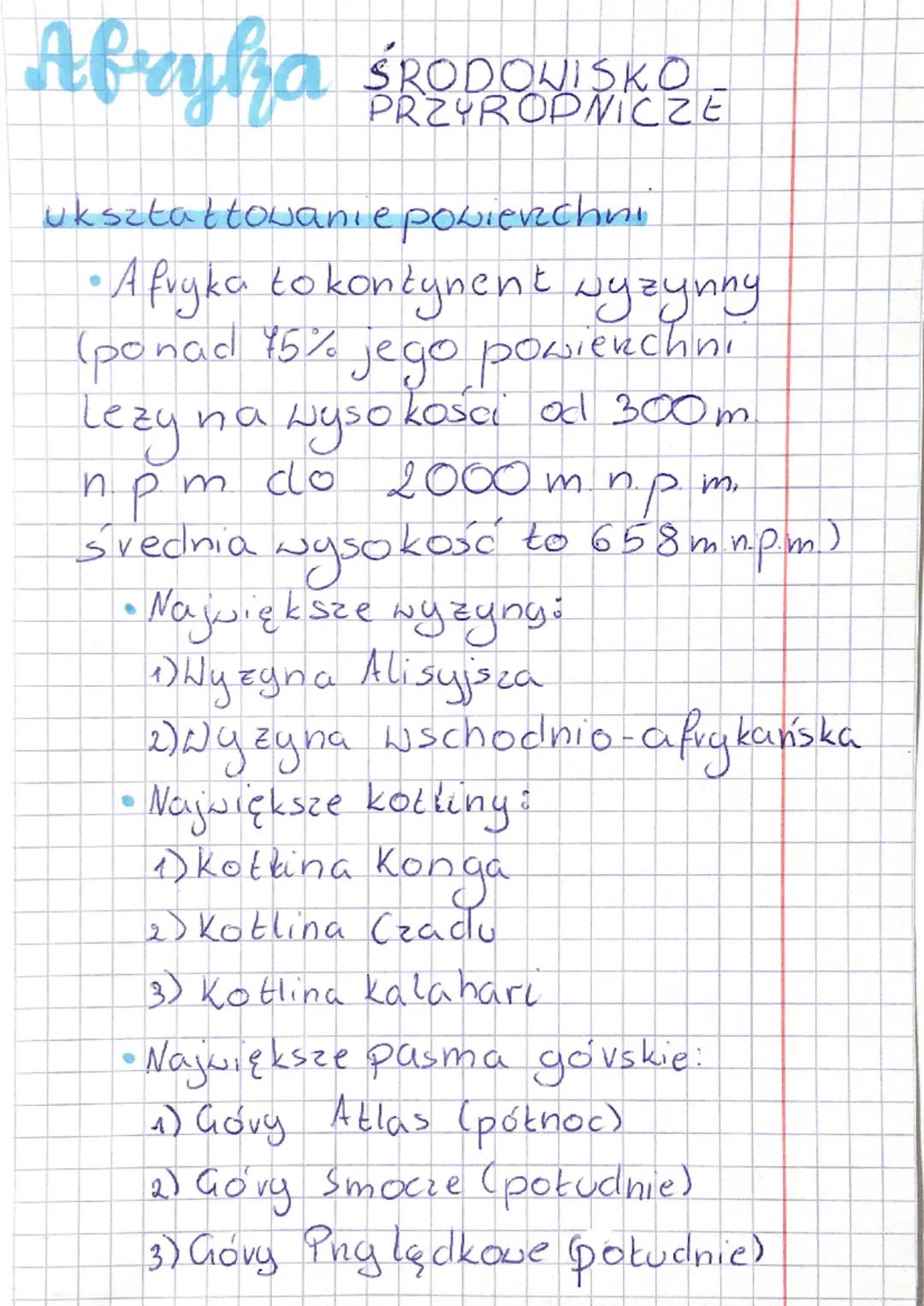 # Afryka ŚRODOWISKO
PRZYROPNICZE

ukształtowanie powierzchni

*   Afvyka to kontynent wyzynny
    (ponad 15% jego powierzchni
    Lezy na wy