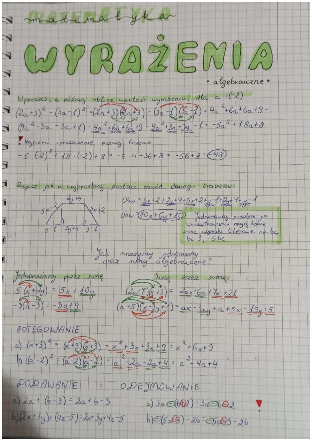 I matematyka
WYRAŻENIA
algebraiczne •
=(-2)
Uproszcz, a później oblicz wartość wyrażenia, dla a
(2a+3) ² - (³a − 1)² = (2a+3) (@a+3) - (3a -