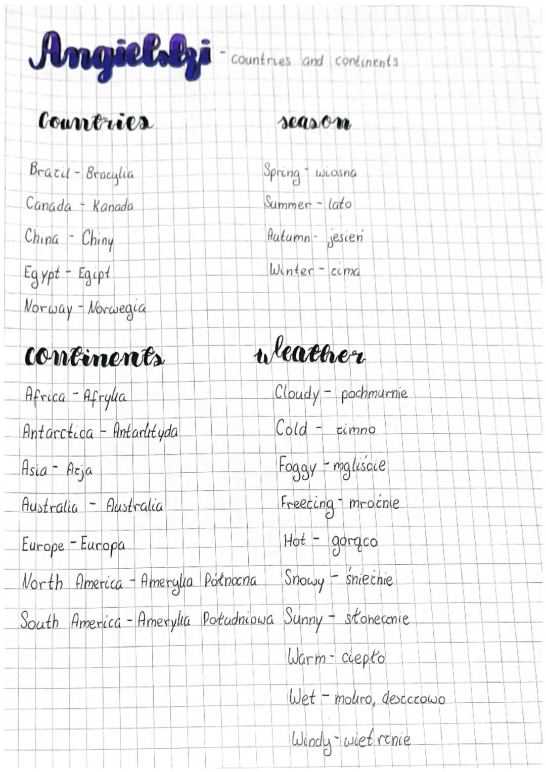 Angiel·lzi
Countries
Brazil - Brazylia
Canada - Kanada
China - Chiny
Egypt - Egipt
Norway - Norwegia
continents
Africa - Afryla
Antarctica A