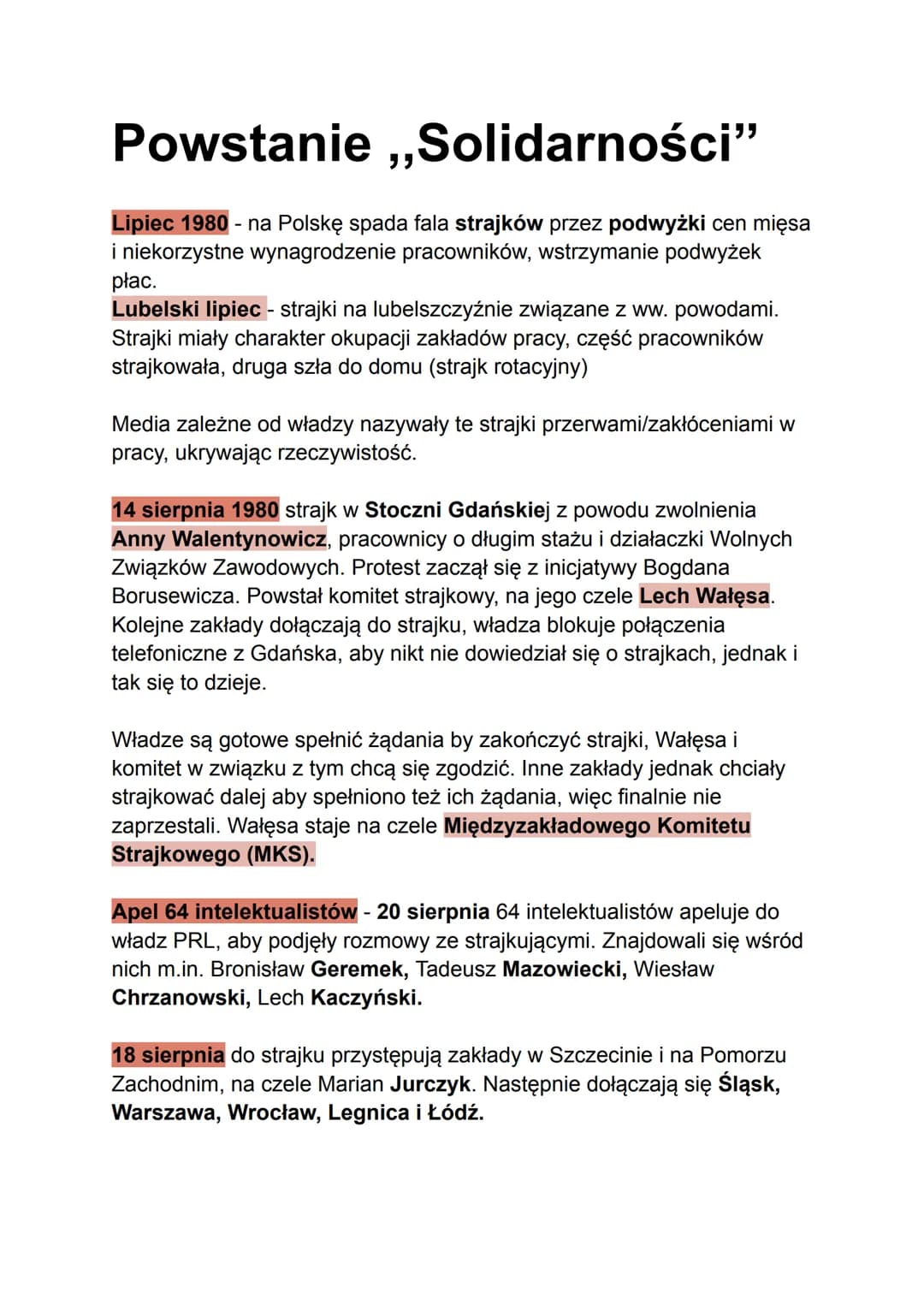 Powstanie ,,Solidarności"
Lipiec 1980-na Polskę spada fala strajków przez podwyżki cen mięsa
i niekorzystne wynagrodzenie pracowników, wstrz