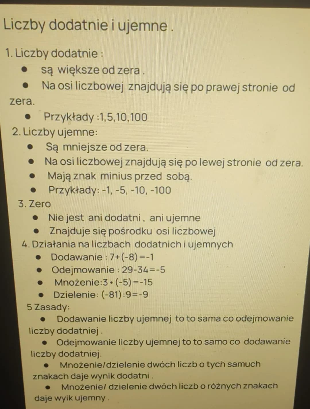 --- OCR Start ---
Liczby dodatnie i ujemne.
1. Liczby dodatnie :
• są większe od zera.
• Na osi liczbowej znajdują się po prawej stronie od
