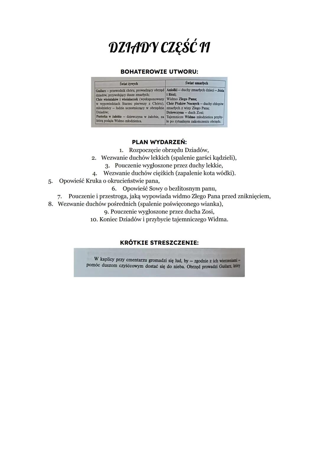 DZIADY CZĘŚĆ II
BOHATEROWIE UTWORU:
Świat umarłych
Świat żywych
i Rózi;
Guślarz - przewodnik chóru, prowadzący obrzęd Aniołki - duchy zmarły