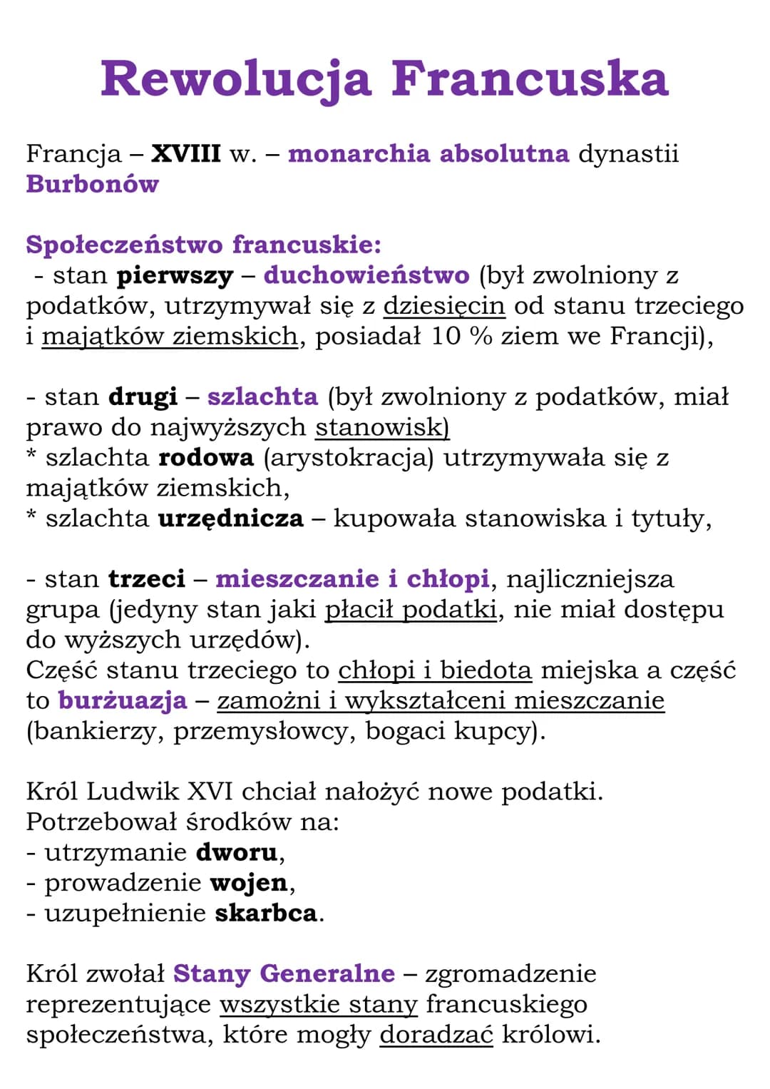 Rewolucja Francuska
Francja - XVIII w. monarchia absolutna dynastii
Burbonów
Społeczeństwo francuskie:
- stan pierwszy - duchowieństwo (był 