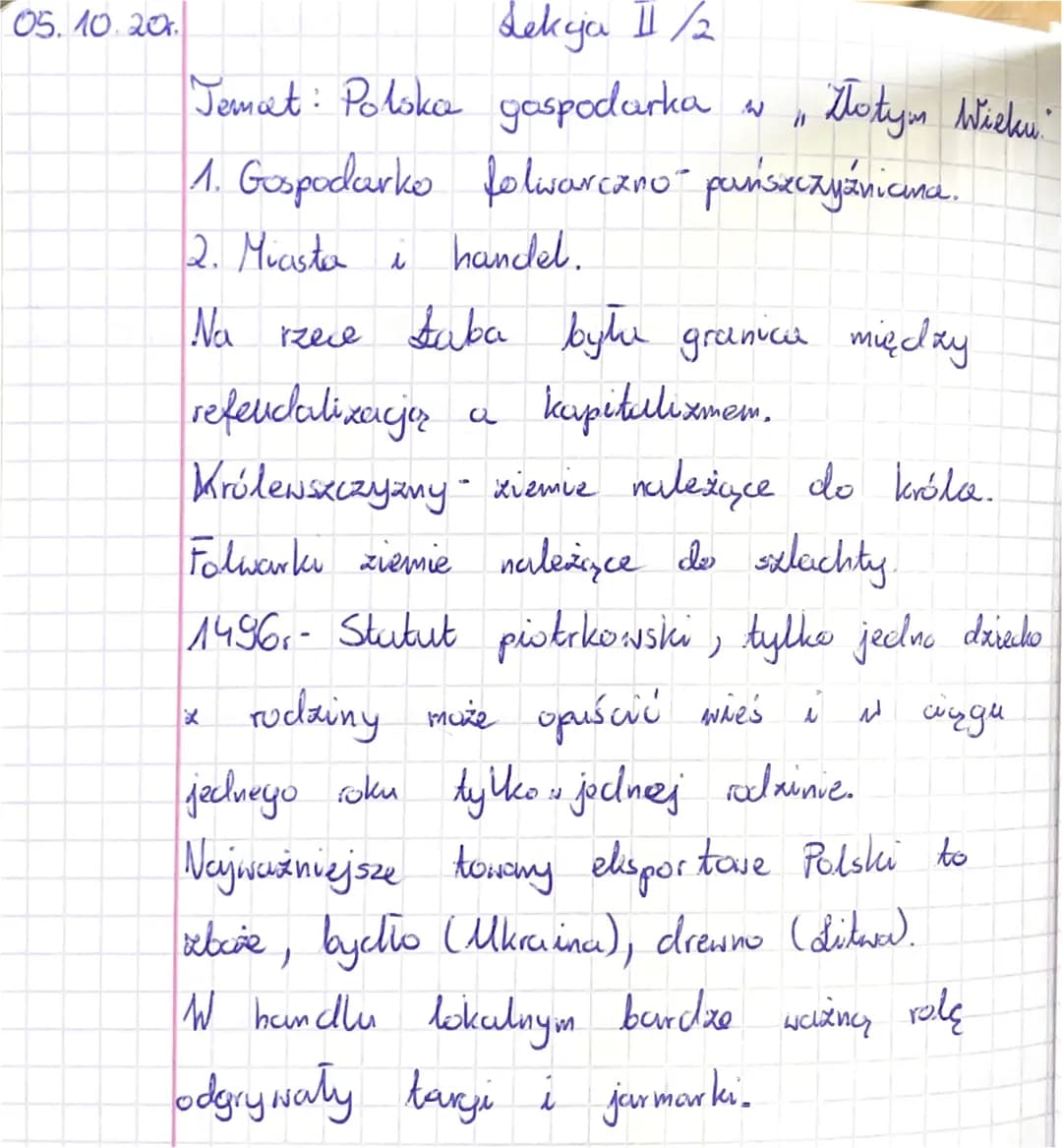 05.10.201
Lekcja II /2
Temat: Polska gospodarka w Głotym wieku
/1
folwarczno" pańszczyźnicima.
handel.
1. Gospodarko
2. Miasta i
Na rzece ta