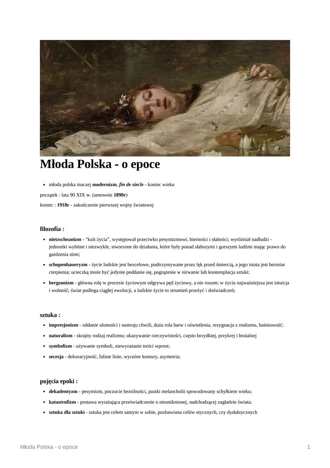 Młoda Polska - o epoce
• młoda polska inaczej modernizm, fin de siecle - koniec wieku
początek: lata 90 XIX w. (umownie 1890r)
koniec 1918r 