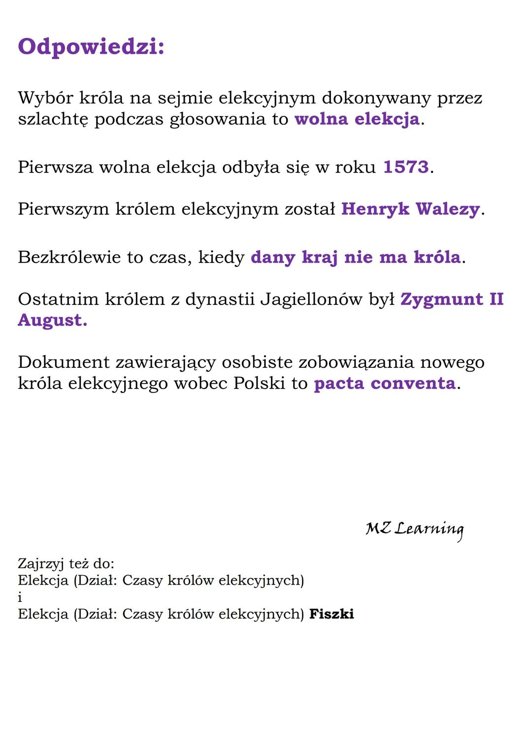 Elekcja
(Dział: Czasy królów elekcyjnych)
Quiz
Pytania:
Wybór króla na sejmie elekcyjnym dokonywany przez
szlachtę podczas głosowania to
wol