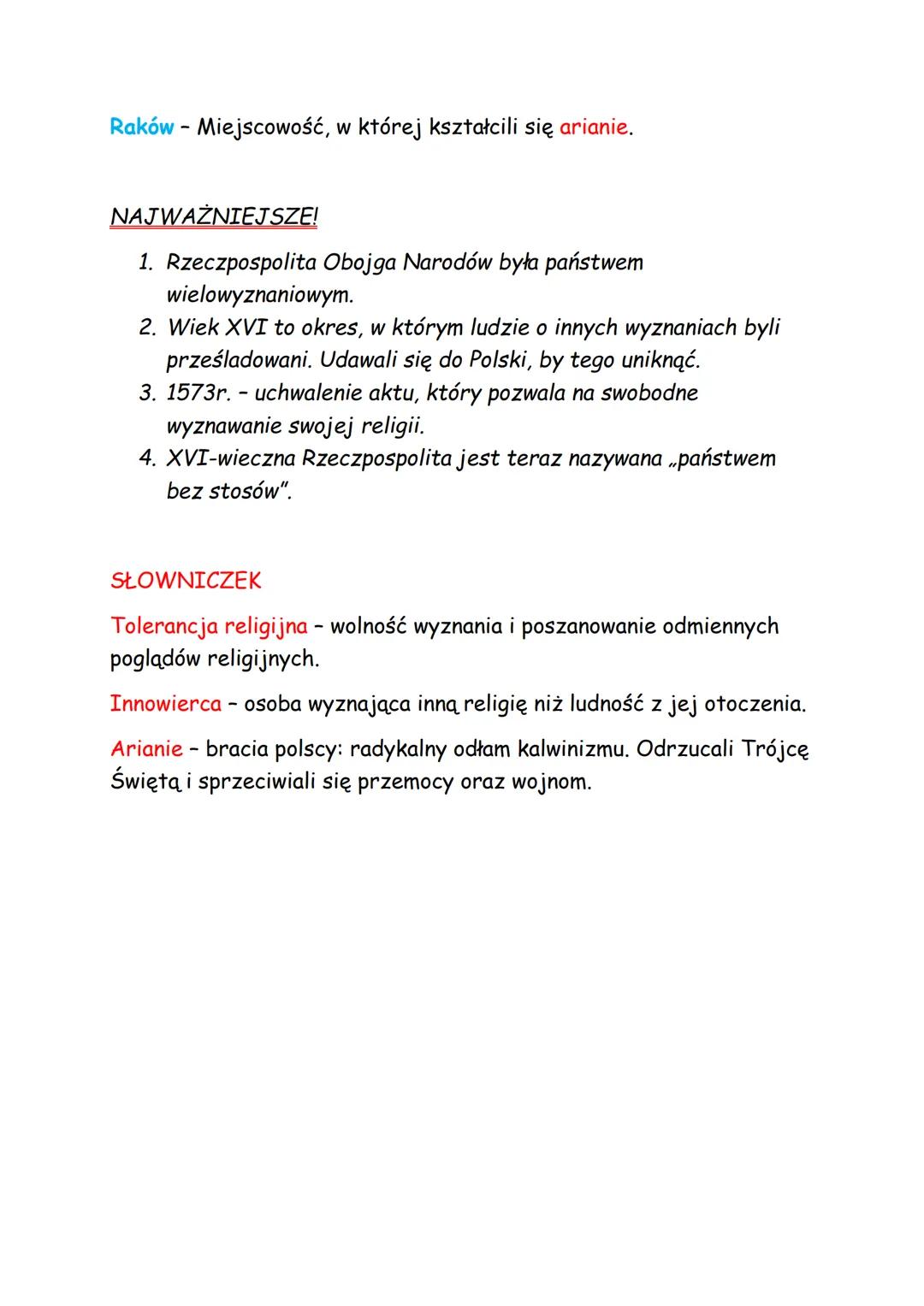 Temat: Państwo bez stosów".

W Rzeczypospolitej ludzie byli różnych wyznań:
- Kościół katolicki,
- Prawosławie,
- Judaizm,
- Islam,
- Lutera