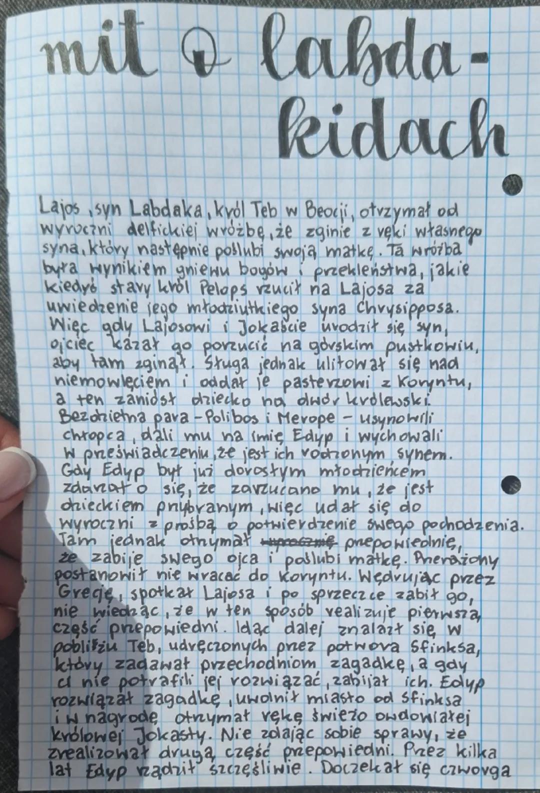# mit o Labda - kidach

Laios syn Labdaka, król Teb w Beocji, otrzymał od wyroczni delfickiej wróżbę, że zginie z ręki własnego syna, który 