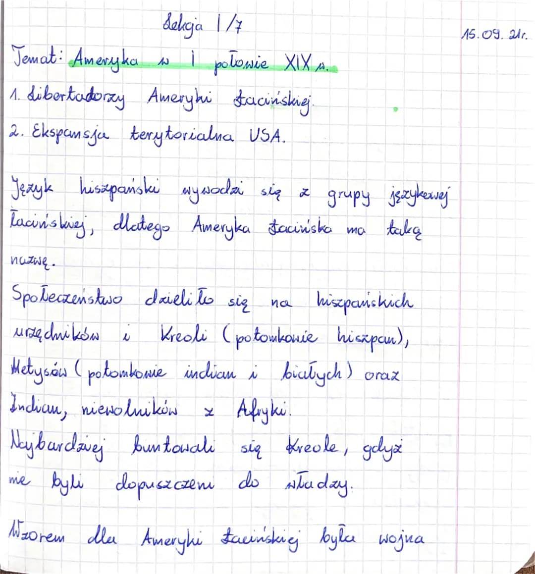 dekcja 1/7
w I połowie XIX A...
W
Temat: Ameryka
1. dibertadorzy Ameryki stacińskiej.
2. Ekspansja terytorialna USA.
Język hiszpański wywodz