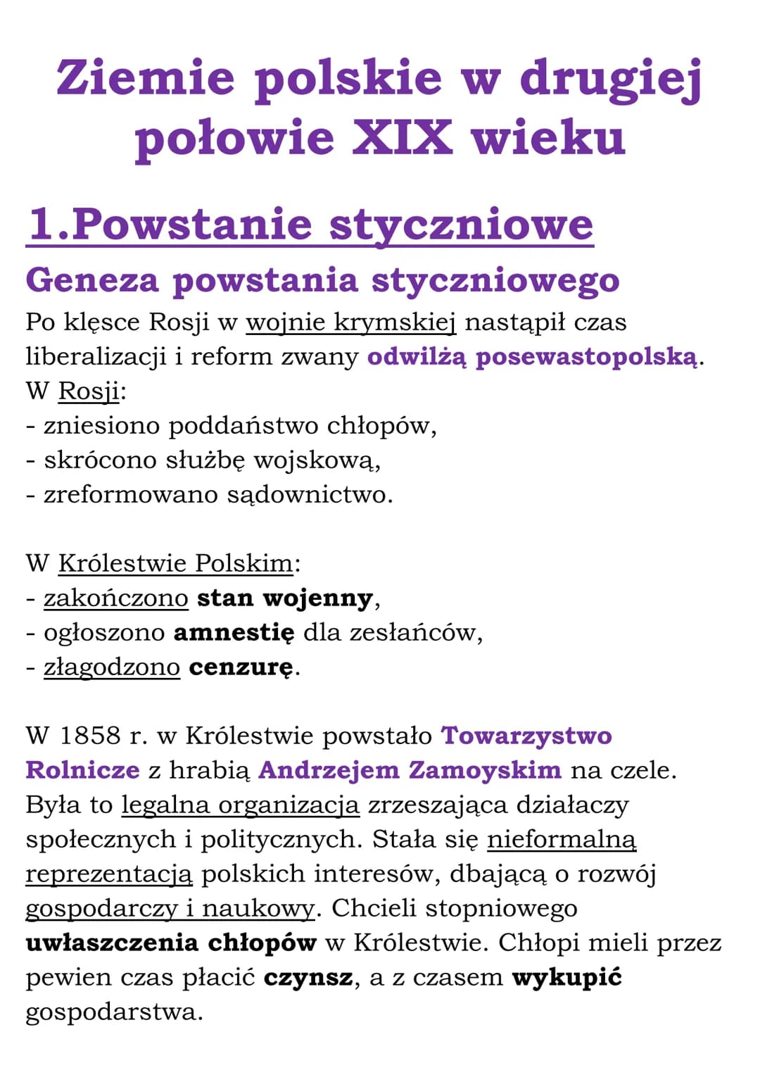 Ziemie polskie w drugiej
połowie XIX wieku
1.Powstanie styczniowe
Geneza powstania styczniowego
Po klęsce Rosji w wojnie krymskiej nastąpił 