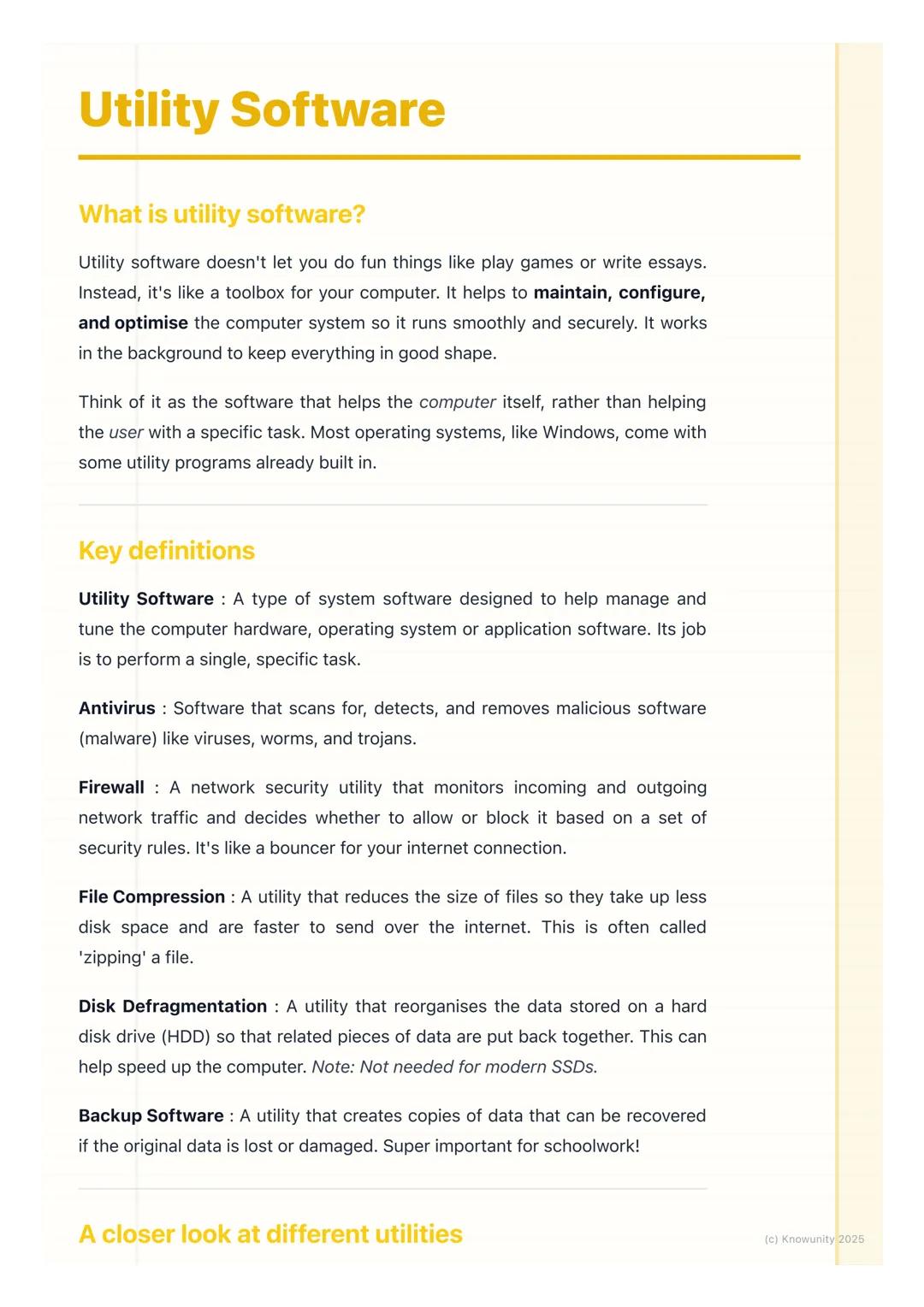 # Utility Software

## What is utility software?

Utility software doesn't let you do fun things like play games or write essays.
Instead, i