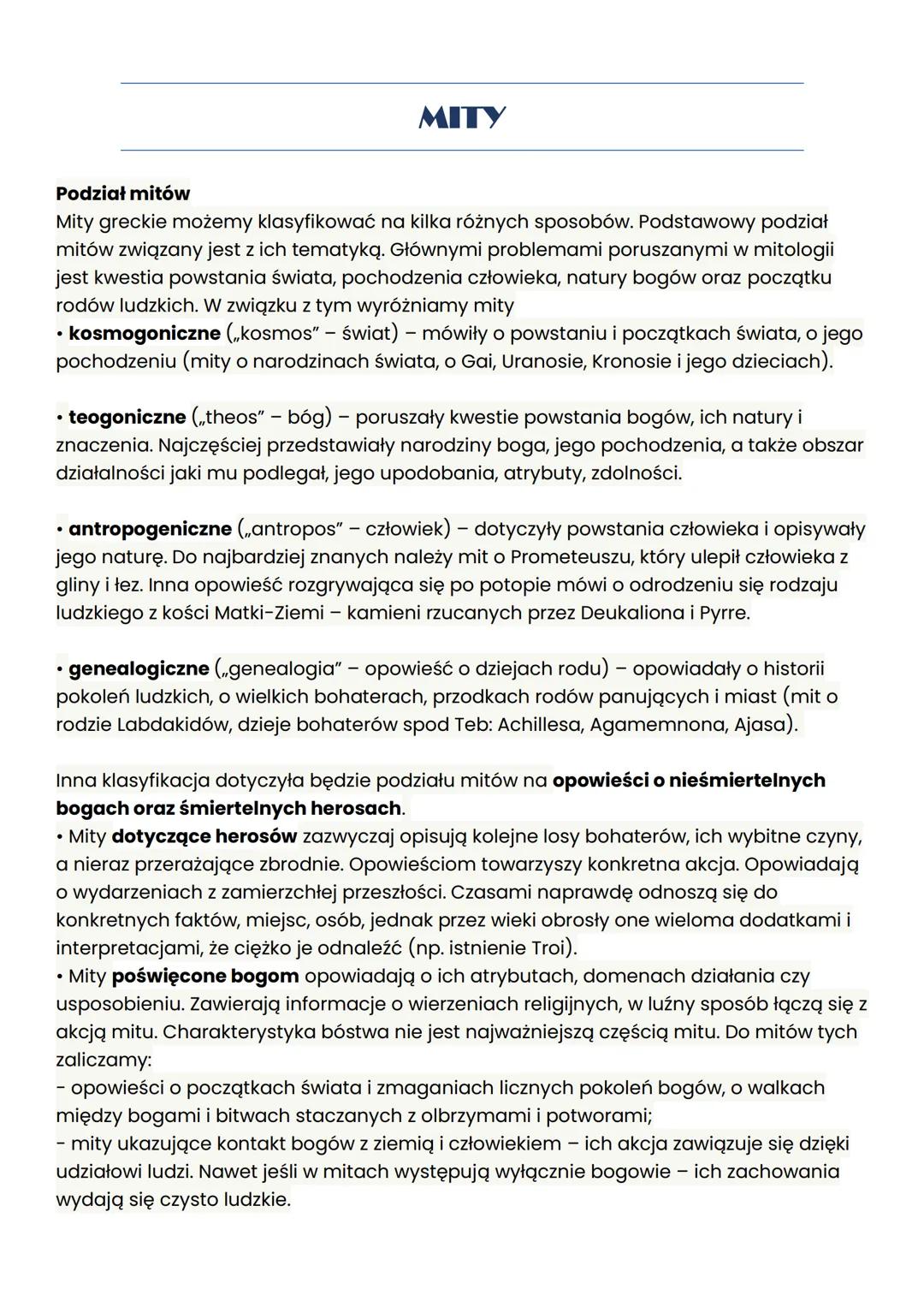 Podział mitów
Mity greckie możemy klasyfikować na kilka różnych sposobów. Podstawowy podział
mitów związany jest z ich tematyką. Głównymi pr