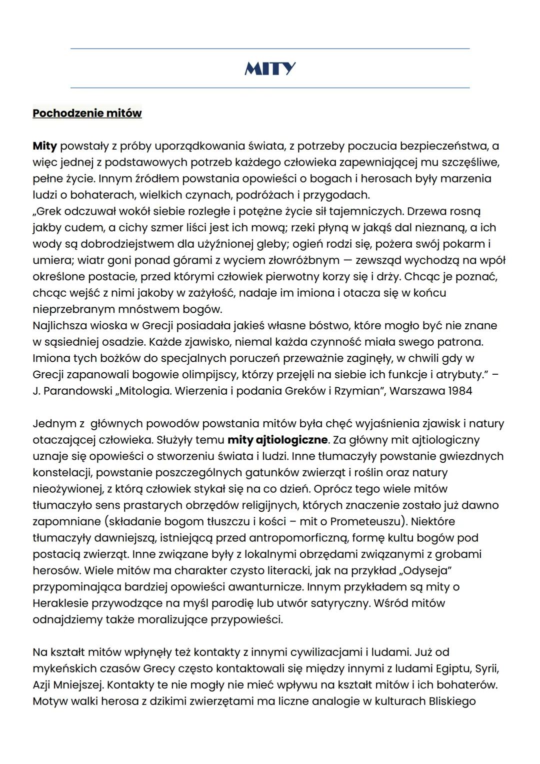 Podział mitów
Mity greckie możemy klasyfikować na kilka różnych sposobów. Podstawowy podział
mitów związany jest z ich tematyką. Głównymi pr