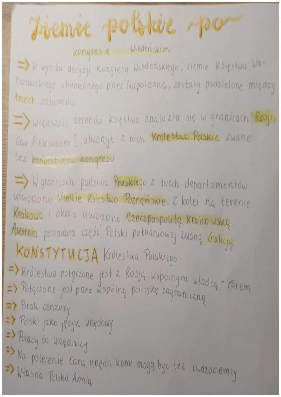 Ziemie polskie por
Wiedenskim
kongresie
=> W wyniku decyzji Kongresu Wiedeńskiego, ziemie Księstwa Wa-
rszawskiego utworzonego przez Napoleo