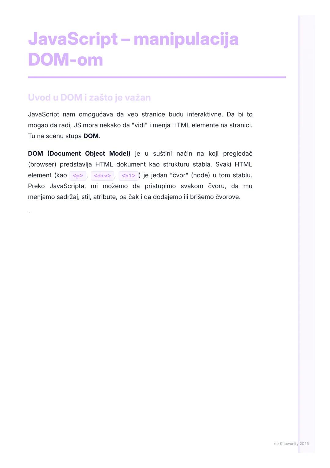 # JavaScript - manipulacija
DOM-om

Uvod u DOM i zašto je važan

JavaScript nam omogućava da veb stranice budu interaktivne. Da bi to
mogao 