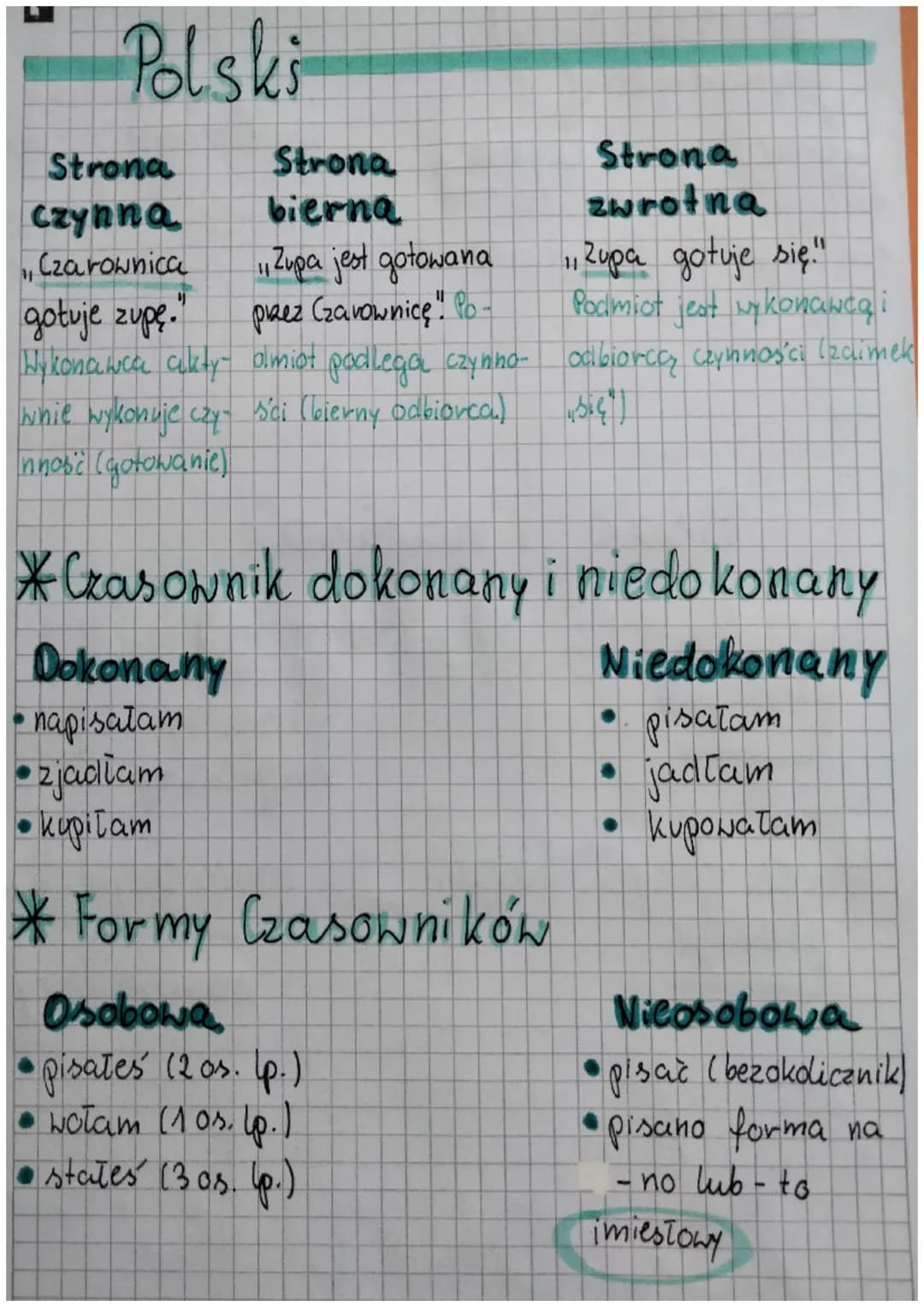 Polski
Odmienne
• czasownik
• przymiotnik
• rzeczownik
●
zaimek
Liczebnik
Części mowy.
Czasownik
napiszę
*Rodzaje
Czas. Teraźniejszy
on pist