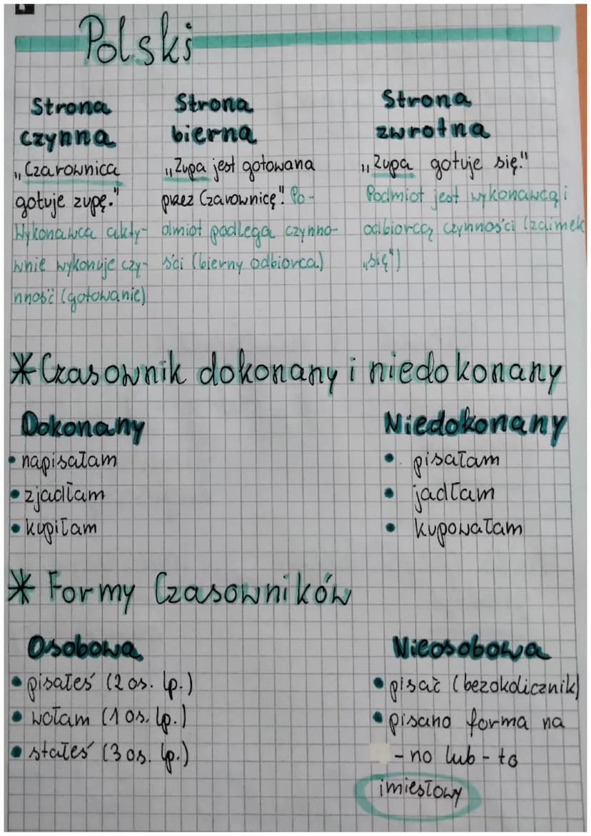 Polski
Odmienne
• czasownik
• przymiotnik
• rzeczownik
●
zaimek
Liczebnik
Części mowy.
Czasownik
napiszę
*Rodzaje
Czas. Teraźniejszy
on pist